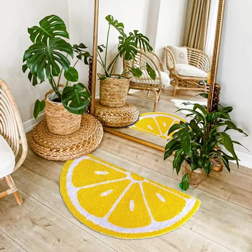 Lemon Bathroom Rug Yellow Semi-Circle Tufted Mat Anti-slip Water-Absorbent - color: Yellow, size: 1'6" x 2'2" (Semicircular)