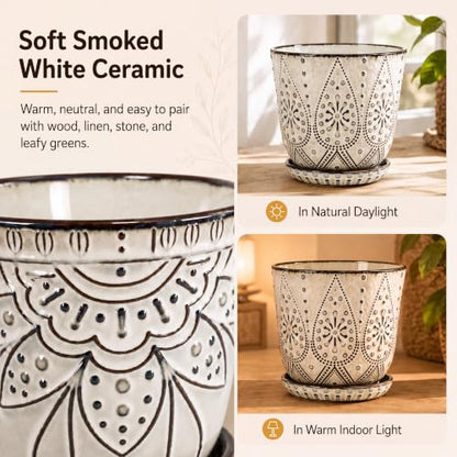 Gepege Ceramic Plant Pots, 6 Inch Indoor Planters with Drainage & Saucers - color: Cream White, size: 6 Inch - Set of 2