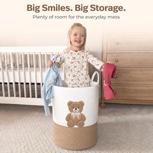 Teddy Bear Baby Laundry Basket, Tall Woven Rope Nursery Hamper, 20x15 in - color: Neutral Teddy