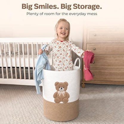 Teddy Bear Baby Laundry Basket, Tall Woven Rope Nursery Hamper, 20x15 in - color: Neutral Teddy