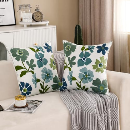 Embroidered Throw Pillow Covers 18x18 inch Pack of 2 Blue Blossoms - color: Blue Blossoms