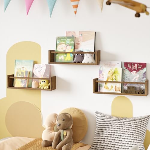Fixwal Floating Nursery Book Shelves for Wall, 16.5 Inches, Set of 3, Brown - color: Brown, size: 16.5inches