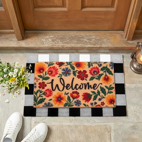 2-Piece Layered Welcome Mat Set - Coir Doormat & Buffalo Plaid Rug - color: Spring Flower 2