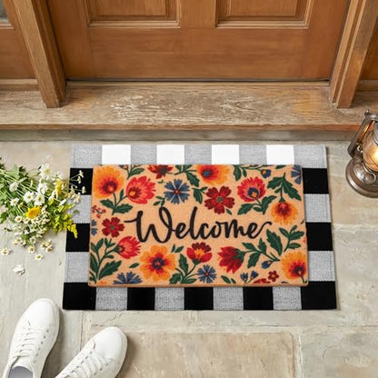 2-Piece Layered Welcome Mat Set - Coir Doormat & Buffalo Plaid Rug - color: Spring Flower 2