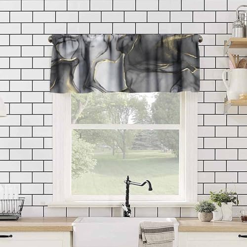 Grey Marble Window Valance, Marble Texture Line Black Gold Grey Rod Pocket Blackout Short Curtain Drape for Cafe Kitchen Bedroom Living Room, 54x18inch - color: Marble-15