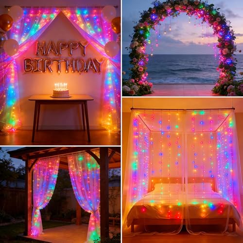 300LED Fairy Curtain Lights 9.8ft x 9.8ft LED Dimmable Twinkle Lights - color: Multicolor