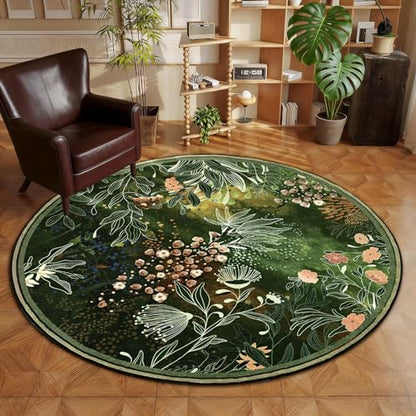 Yinhua Washable Round Rugs 4ft, Dark Green Botanical Area Rugs Non Slip - size: 4ft (Round)