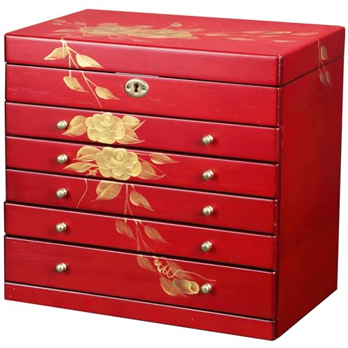 Hand Painted Rose Wood Jewelry Box 6-Layer Lockable Organizer Red