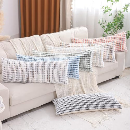 LUOYEHK Boho Throw Pillow Covers 14x36 Inch Chenille Tufted Pillowcase Farmhouse Neutral Cushion Covers for Couch Sofa Bed Living Room, Blue White (1 Piece) - color: Blue White, size: 36" x 14" (Pack of 1)