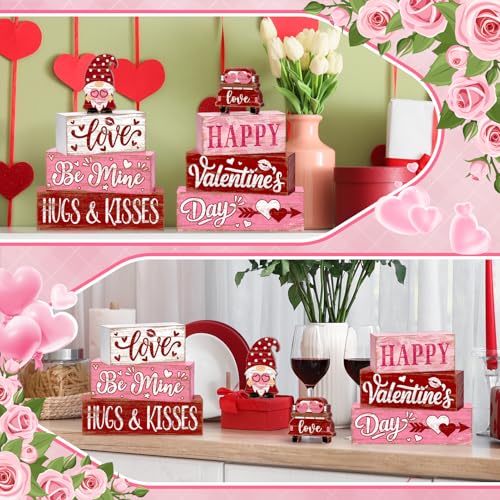 Britimes Tray Block Signs Set, 8Pack, Wooden, Home Kitchen, Valentines Day - style: Pink Gnome Valentine's Day
