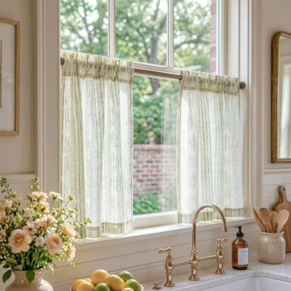 jinchan Linen Striped Tier Curtains for Kitchen Windows Boho - color: Boho Green | on Beige, size: 26"W x 24"L (Pack of 2)