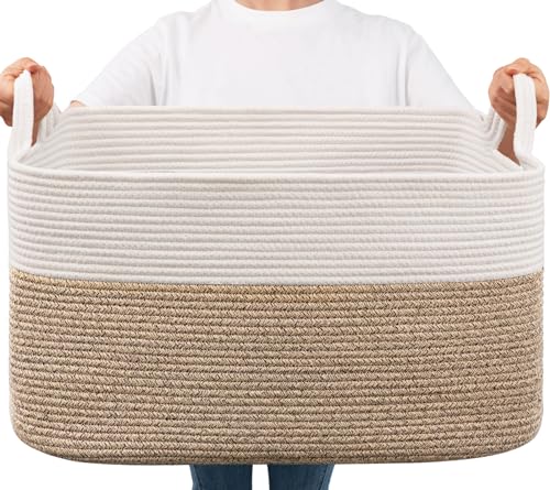 Goodpick Large Woven Rope Blanket Basket, Rectangle, White & Light Brown - color: White & Light Brown, size: Large(21.6"L x 14.9"W x 11.8"H)