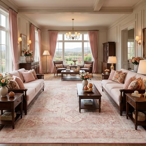 9x12 Washable Vintage Area Rug Pink - Distressed Non-Slip Rugs Soft Large Retro Carpets for Living Room Girls Bedroom Office Home Decor, Pink - color: Light Pink, size: 9' x 12' (Rectangular)