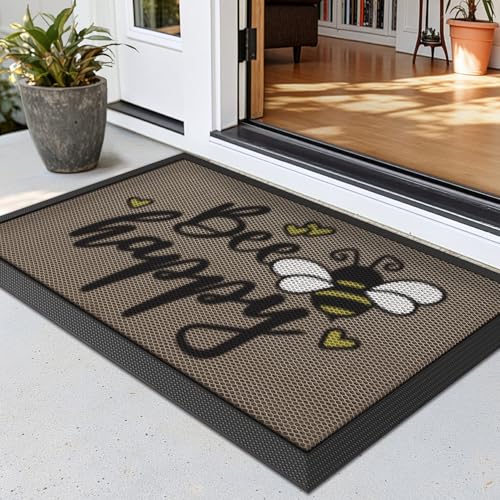 LUMI Outside Welcome Door Mat 24x36, Non-Slip Durable Rubber Easy Clean - color: Bee Happy, size: 24"x36"