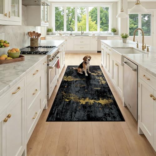 RELEANY Washable Runner 3'x6' Abstract Area Rug for Hallway Black Gold - color: Black/Gold, size: 3' x 6' (Runner)