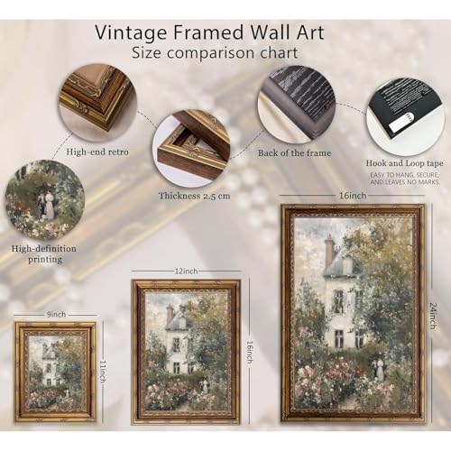 Gold Framed Vintage Floral Canvas Wall Art Rose Garden Painting Home Decor Spring Floral Pictures Rustic Country Print Artwork for Bedroom Bathroom Living Room Office 16x24 in - color: Country, size: 16"L x 24"W