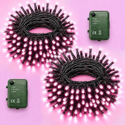 Pooqla Pink String Lights Battery Operated, 2x100 LED Christmas Lights - color: Pink, size: 100 LED x2