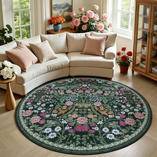 PLHXFR Round Area Rug Living Room: 6 ft Floral Washable Carpet Dark Green - color: Dark Green, size: 6' (Round)
