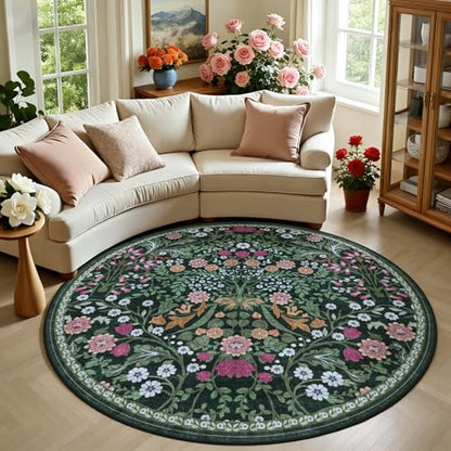 PLHXFR Round Area Rug Living Room: 6 ft Floral Washable Carpet Dark Green - color: Dark Green, size: 6' (Round)