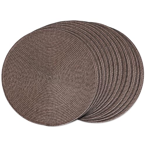 FunWheat Round Braided Placemats Set of 12 Place Mats for Dining Table Woven Washable Non-Slip Table Mats 15 Inch(Brown,12pcs) - color: Brown, size: Set of 12