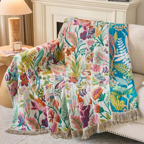 Boho Throw Blanket, 100% Soft Cotton Floral Quilt, Queen 80"x 90" - color: Lavender Purple Flowers, size: Queen 80"x90"