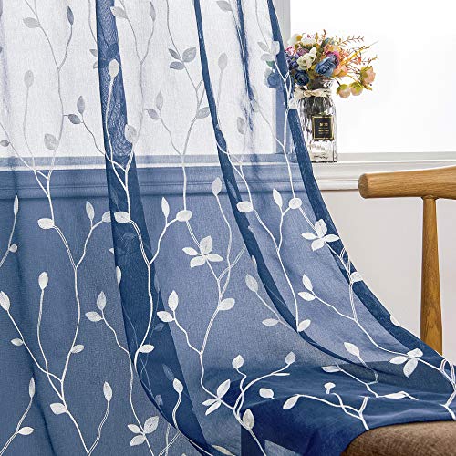 AmHoo 2 Panels Embroidered Leaf Pattern Semi Sheer Curtains Foliage Floral Voile Window Draperies Treatment for Bedroom Living Room Rod Pocket Navy Blue 53 x 63 Inch - color: Navy Blue, size: 53"W x 63"L (Pack of 2)