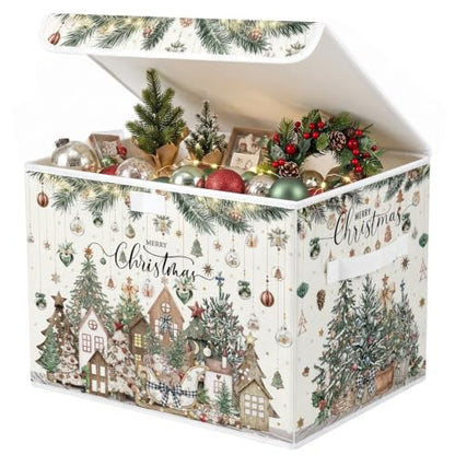 Briwooody Neutral Christmas Storage Bin with Lid and Carrying Handle Christmas Tree Foldable Storage Box Large Xmas Decorative Collapsible Container Basket for Organizing Closet Home Bedroom Gift - style: Neutral Christmas