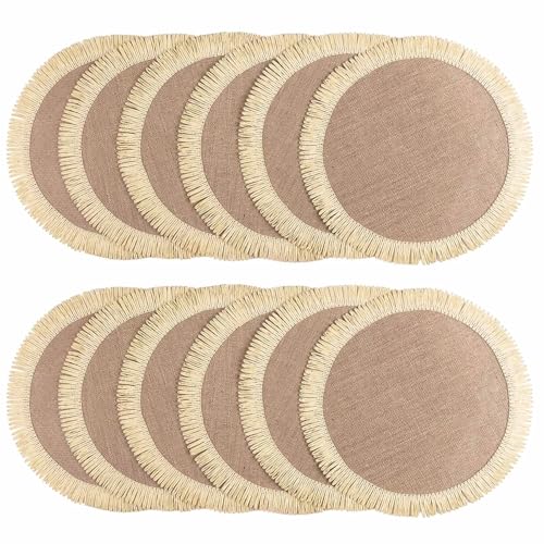FunWheat 15 Inch Round Jute Placemats Set of 12, Braided Burlap Table Mats for Dining Table, Heat Resistant Farmhouse Woven Placemats for Fall Farmhouse Decor (Coarse-Edged Sunflower) - color: Coarse-edged Sunflower, size: 12pcs