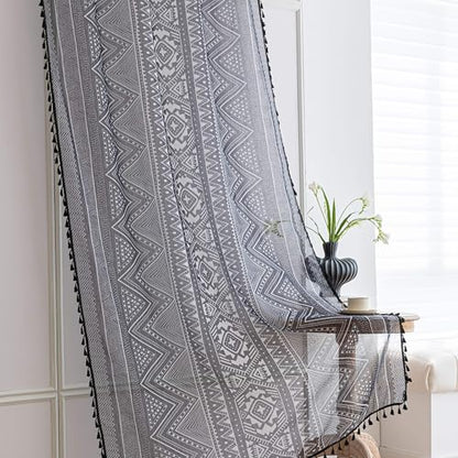 Black Geometric Sheer Curtains 63 inch Long, Fringed Edges and Textured Semi Sheer Curtains Large Window Treatments for Living Room/Bedroom, 2 Panels - color: Black Geometry, size: 52"W x 63"L (Pack of 2)