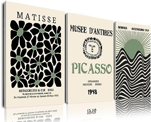 Framed Sage Green Wall Art Set of 3, Abstract Matisse Canvas Wall Decor - color: Sage Green Matisse Wall Art, size: 16x24Inchx3pcs-Framed