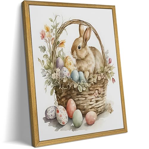 Easter Bunny Wall Art, Vintage Easter Bunny Eggs Poster Print Wall Decor, Holiday Home Canvas Decor Painting 16x24 Inch Wood Framed - color: Easter Bunny B, size: 24"L x 16"W