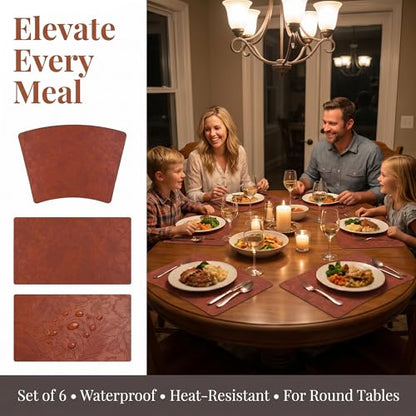 Faux Leather Set of 6, Placemats with Carving Floral Design - color: Brown
