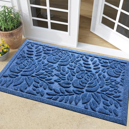 Bulijojo Front Door Mat Entrance,Durable Heavy Duty Welcome Mat,Thick Absorbent Natural Rubber Non Slip Mat,Sturdy Entryway Blue Flower, 17x30 - color: Blue Flower, size: 1'5" x 2'6" (Rectangular)