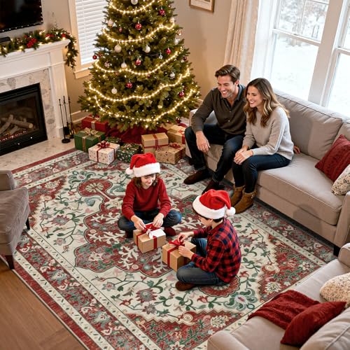 U'Artlines Red Christmas Area Rug 8x10 Boho Washable Soft Holiday Carpet - color: Christmas Red, size: 8' x 10' (Rectangular)