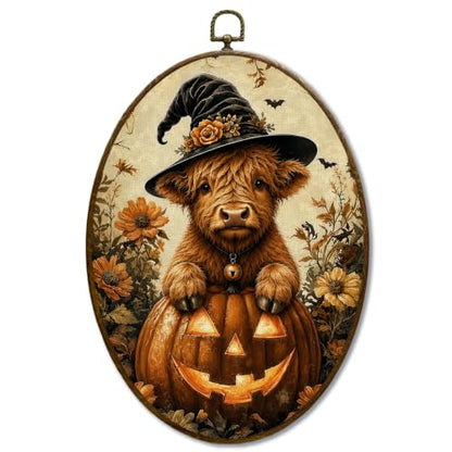 JQF Halloween Highland Cow Witchy Oval Wall Decor Framed 8.5x11.5 Inch - color: fall cow-1