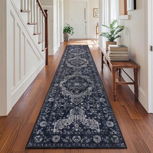 nesrt Boho Runner Rug for Hallway 2x10ft, Soft Non Slip Vintage Kitchen Rugs, Washable Low Pile Hall Carpet Runner, Distressed Long Runners for Entryway Laundry Bathroom (Blue) - color: Blue, size: 2' x 10' (Rectangular)