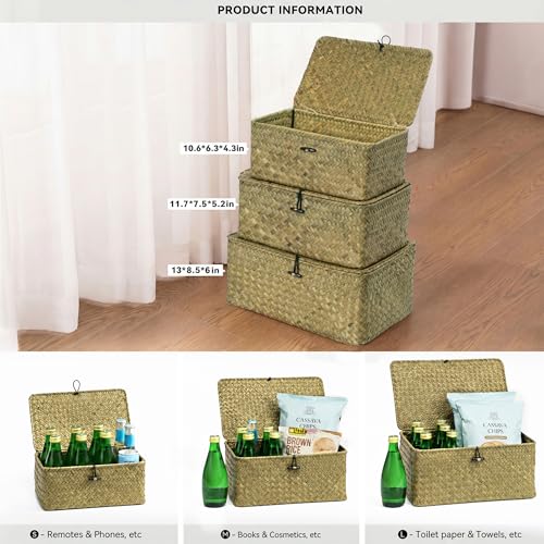 Nonam Seagrass Storage Basket with Lid, Set of 3, Dark Moss Green - color: Dark Moss Green * Set of 3