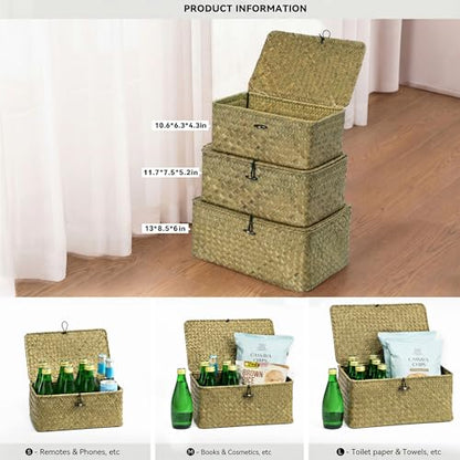 Nonam Seagrass Storage Basket with Lid, Set of 3, Dark Moss Green - color: Dark Moss Green * Set of 3