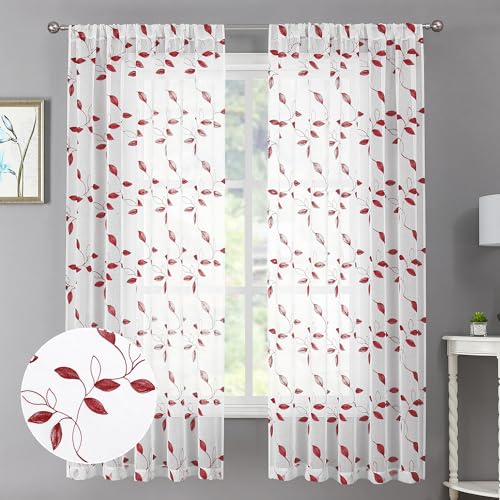 Tollpiz Burgundy Red Leaf Sheer Curtain Bedroom Short 38 x 45 Inches - color: Burgundy Red, size: 38"W x 45"L (Pack of 2)