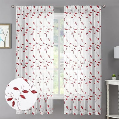 Tollpiz Burgundy Red Leaf Sheer Curtain Bedroom Short 38 x 45 Inches - color: Burgundy Red, size: 38"W x 45"L (Pack of 2)