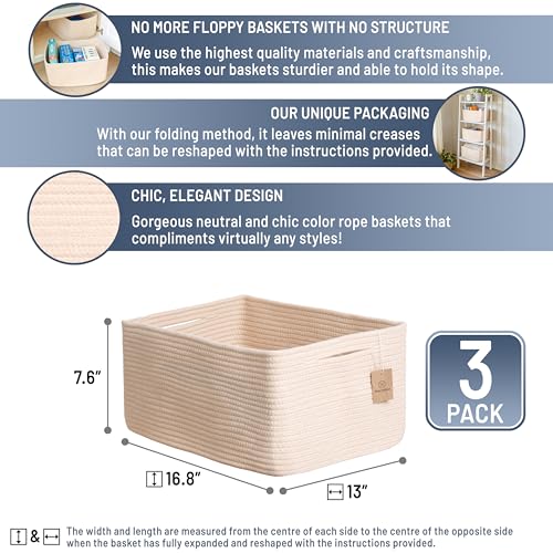 NaturalCozy Storage Baskets 16.8”x13”x7.6” Cotton Rope Woven Baskets for Organizing 3-Pack | Toy Storage Bins | Basket for Shelves, Laundry, Blanket, Clothes, Closet, Kitchen, Bathroom, Gifts - color: Beige