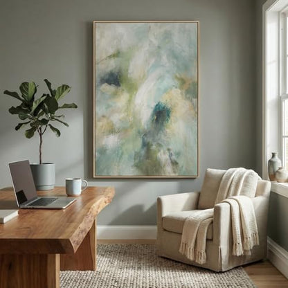 Extra Large Framed Teal Sage Green Abstract Wall Art, Vertical 40x60 In - color: Green A, size: 60"L x 40"W