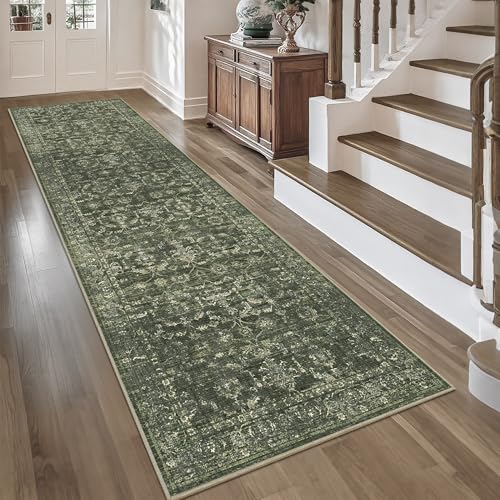 3x10 Washable Kitchen Runner Rug Soft Vintage Dark Green Throw Carpet - color: Dark Green, size: 3' x 10' (Runner)