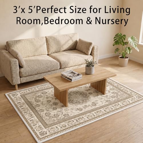 Boho Beige Area Rug 3x5 Soft Machine Washable Neutral Vintage Area Rug with Non-Slip Backing Low Pile Throw Rugs for Entryway, Living Room, Kitchen, Kis Room, Office, Bedroom, Laundry Mat Carpet Decor - color: Bohobeige, size: 3' x 5' (Rectangular)
