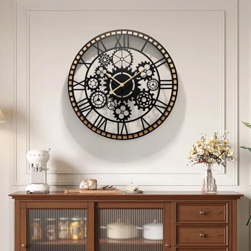 Wall Clock，Decorative Wall Clocks for Living Room Decor，Industrial Gears Design Metal Frame with Wood for Corridor, Staircase, Kitchen, Outdoor & Thoughtful Gift - color: Black Industrial Gears, size: 26inch