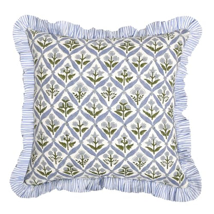 Ridhi Light Steel Blue Block Print Ruffle Pillow Covers 18x18 Inch Set of 2 - color: Light Steel Blue, size: 18" x 18" (Pack of 2)