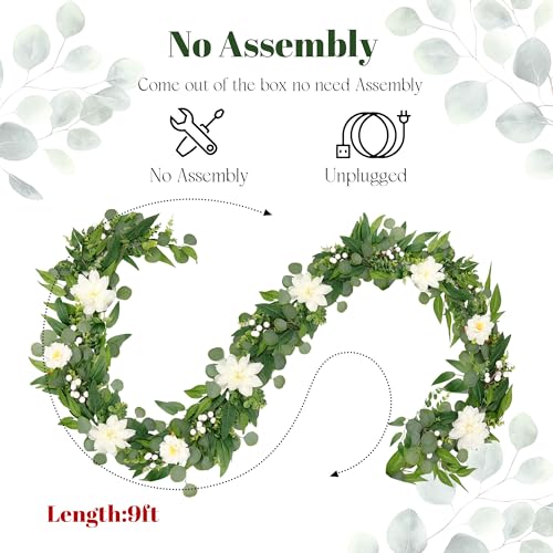 Artificial Eucalyptus Garland with Lights,Fairy Light Olive Leaves Vine Garland with White Flowers & White Berries, Bendable Mantle Garland for Indoor Outdoor Wedding, Home Decoration (9FT) - size: 9FT