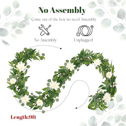 Artificial Eucalyptus Garland with Lights,Fairy Light Olive Leaves Vine Garland with White Flowers & White Berries, Bendable Mantle Garland for Indoor Outdoor Wedding, Home Decoration (9FT) - size: 9FT