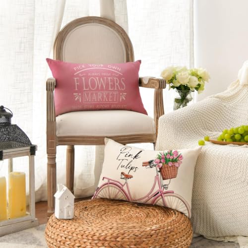 AVOIN colorlife Hello Love Pink Tulips Bicycle Throw Pillow Covers, 12 x 20 Inch Flowers Spring Mother's Day Cushion Case for Sofa Couch Set of 4 - size: 20" x 12" (Pack of 4)