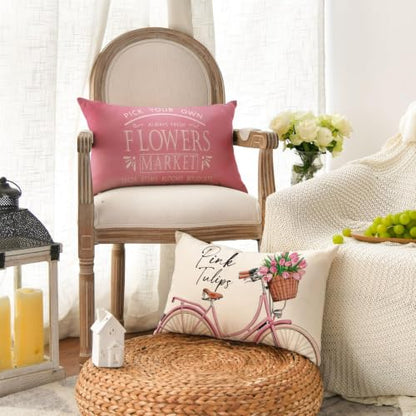 AVOIN colorlife Hello Love Pink Tulips Bicycle Throw Pillow Covers, 12 x 20 Inch Flowers Spring Mother's Day Cushion Case for Sofa Couch Set of 4 - size: 20" x 12" (Pack of 4)
